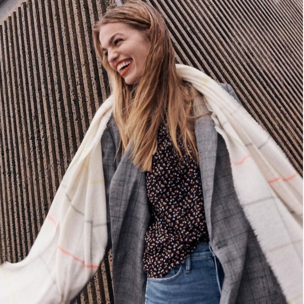 Madewell Ivory Gauzy Plaid Scarf NWT
